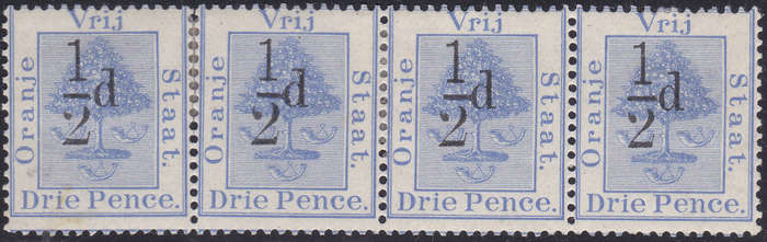 OFS 1896 SG74 ½d ON 3d ULTRAMARINE STRIP OF FOUR WITH SURCHARGE TYPE (f)