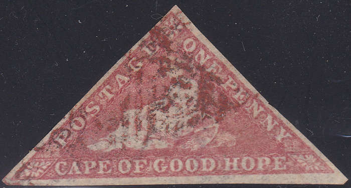 Cape of Good Hope - SACC5b - 1d Deep Rose with RARE RED CDS - VFU - LARGE MARGINS CV R15000+
