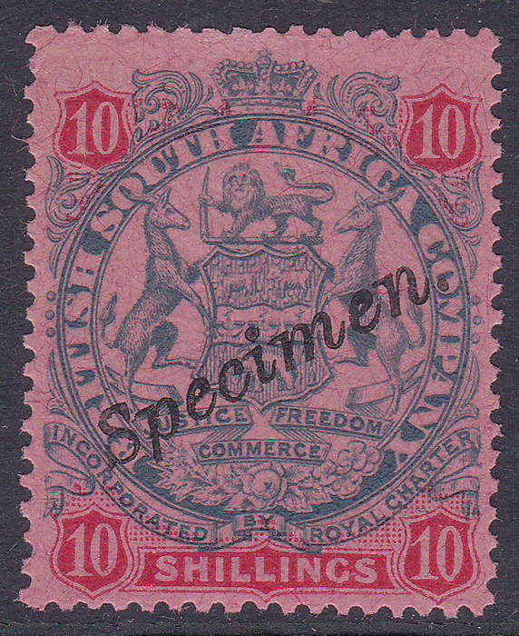 B.S.A.C/Rhodesia SG50s 10/- Slate & Vermillion/Rose `SPECIMEN` **UM**
