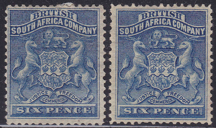 BSAC/RHODESIA 1892-3 SG2-3 6d Ultramarine/Deep Blue - Both Shades £130(2017)