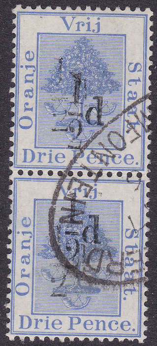 OFS 1896 SG75a ½d ON 3d ULTRAMARINE PAIR, BOTH WITH DOUBLE SURCHARGE - SCARCE