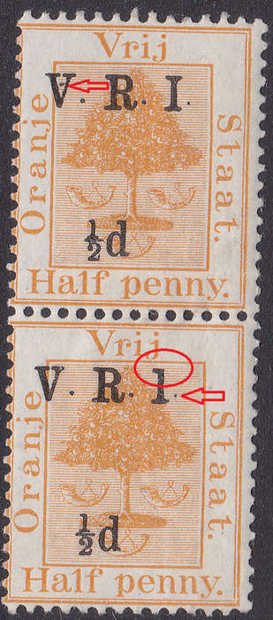 OFS 1900 ½d ON ½d ORANGE PAIR, BOTTOM STAMP WITH `1` FOR `I` LMM - UNLISTED