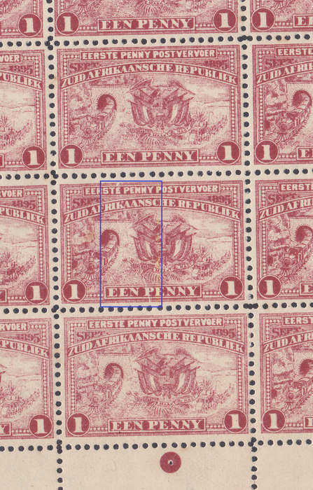 TRANSVAAL 1895 1d RED - FULL SHEET IN TWO SECTIONS WITH STAMP 9/3 DISPLAYING `CRACKED PLATE` FLAW