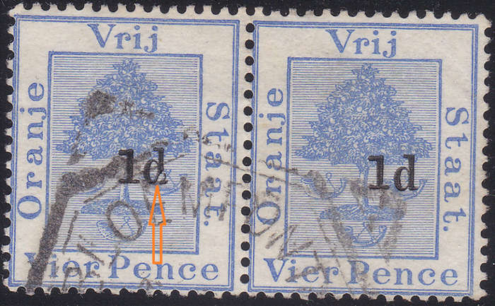OFS - SACC33(var) 1d ON 4d ULTRAMARINE PAIR WITH BROKEN.MALFORMED `d` LEFT STAMP-SCARCE/UNLISTED