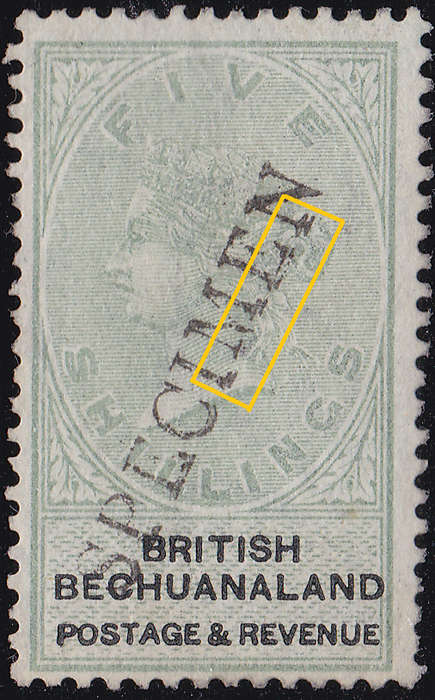 BRITISH BECHUANALAND 1887 SACC18s 5/- GREEN and BLACK `SPECIMEN`  O/P PARTIALLY DOUBLED