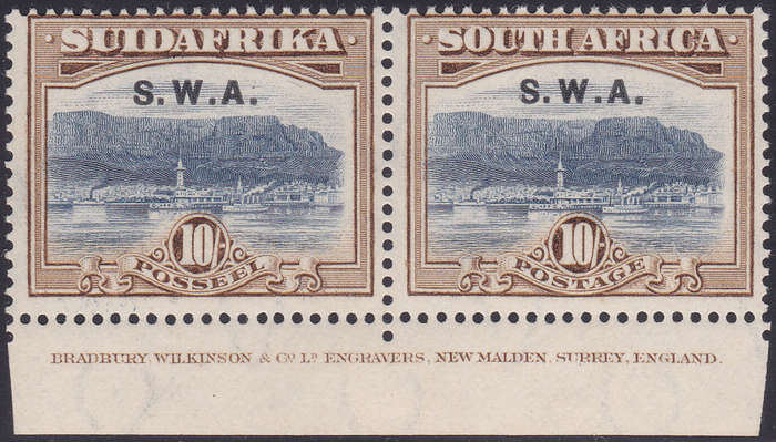 SWA 1927-30 SACC90 10/- BLUE and BROWN INSCRIPTIONAL PAIR - MM - CV R13000