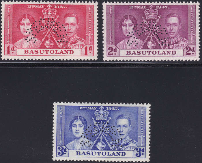 BASUTOLAND 1937 CORONATION SACC15s-17s PERFORATED SPECIMEN SET OF 3 - LMM - CV R2000