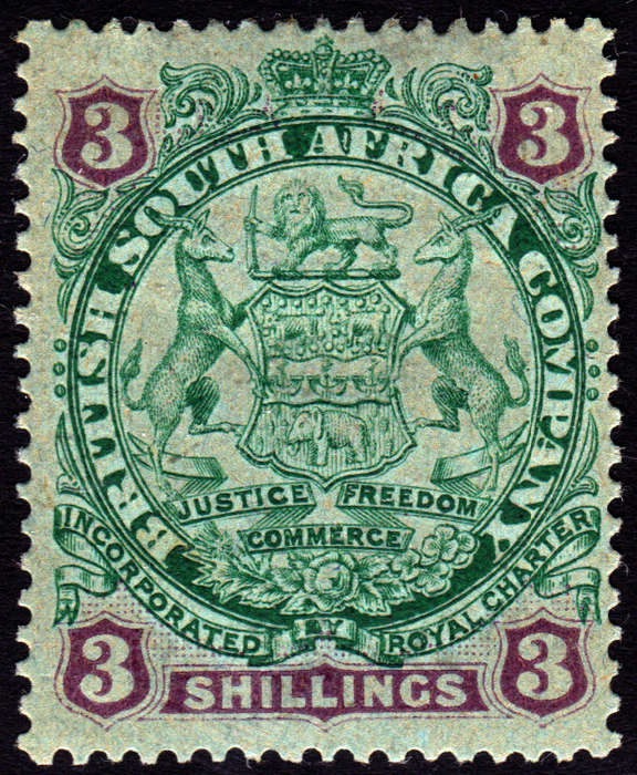 B.S.A.C/Rhodesia  : SG36 3/- Green & Mauve/Blue -  MM CV £90(2017)