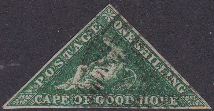 Cape of Good Hope : 1858 SACC8b 1/- DEEP DARK GREEN  - VFU USED CV R20000