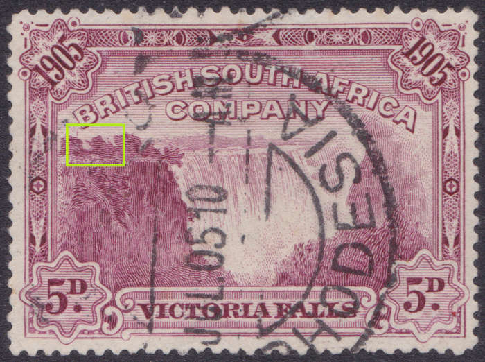 B.S.A.C / Rhodesia 1905 SG96ba - 5d Claret with ``Bird in tree`` variety - VFU - Scarce