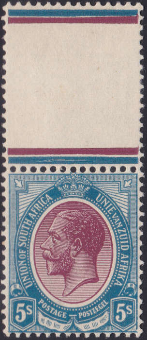 Union of SA - 1913 SACC14a 5/- REDDISH PURPLE & BLUE - TOP MARGINAL SINGLE VLMM CV R3500