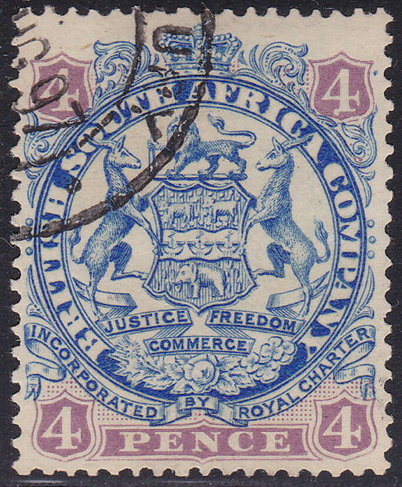 BSAC / Rhodesia : SG44 4d Ultramarine & Mauve VFU  CV £13