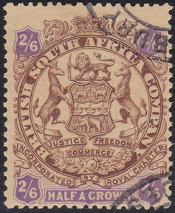 BSAC / Rhodesia : SG48 2s6d Brown & Purple/Yellow VFU  CV £65