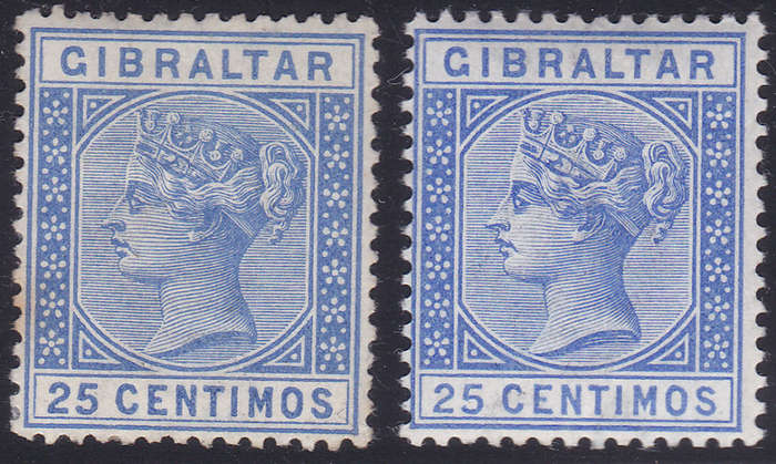 GIBRALTAR 1889-96 SG26/26a 25c ULTRAMARINE and DEEP ULTRAMARINE MM CV £61(2017)