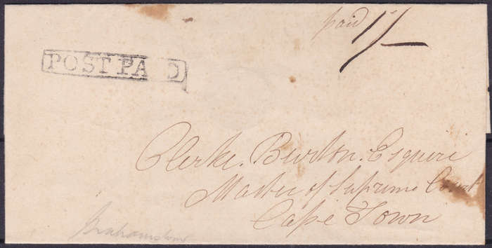 Cape of Good Hope : Stampless Cover - SENT ``POST PAID`` TO MASTER OF THE SUPREME COURT