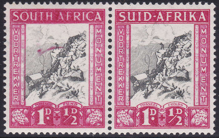 Union of SA - 1933-6 SACC52a 1 + ½d - blurred ``SOUTH AFRICA`` and RED COMET FLAW - UM - CV R2800