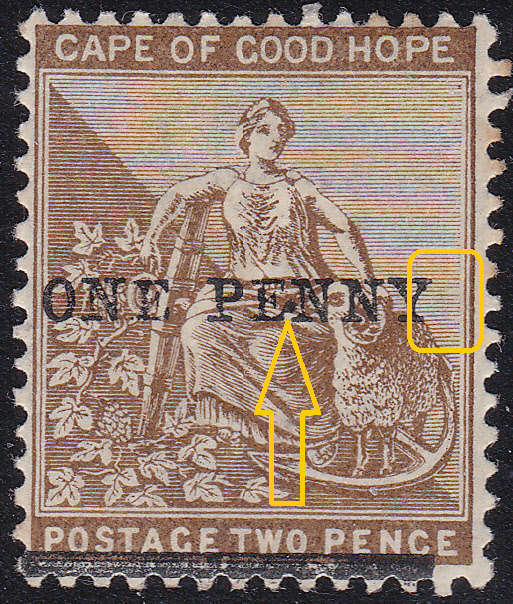 Cape of Good Hope : 1893 SG57b(var) : 1d on 2d Pale Bistre - NO STOP AFTER PENNY/MISPLACED STOP-RARE