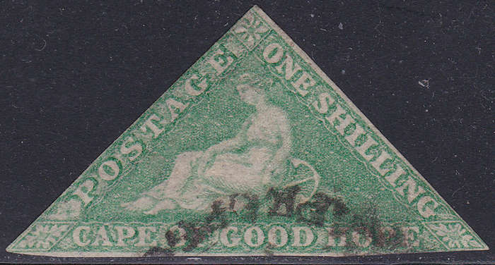 Cape of Good Hope 1864 SACC21 1/- EMERALD GREEN WITH RARE CIRCULAR CDS - FINE USED