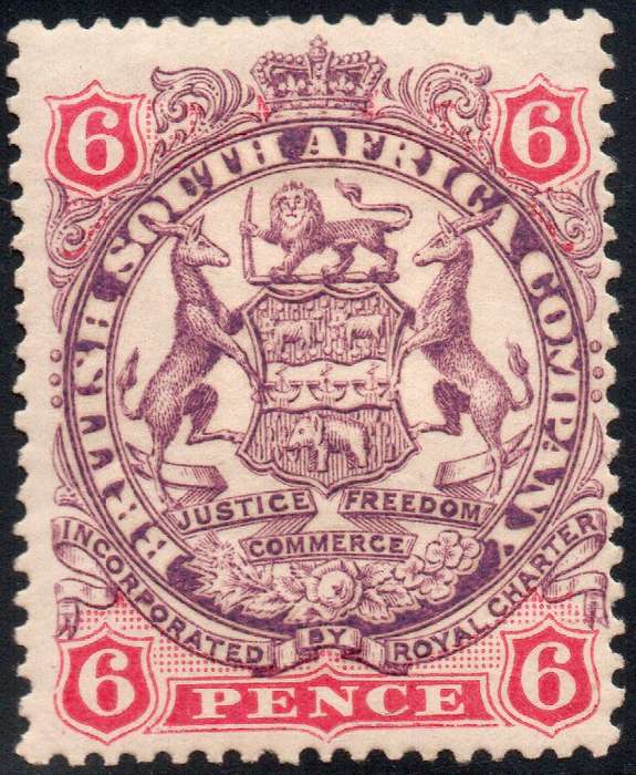 BSAC/Rhodesia : 1896-7 SG46 DIE II 6d Mauve & Rose MM £18