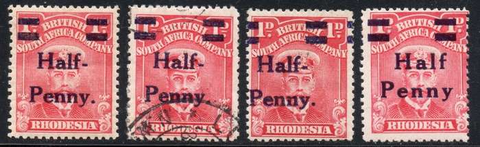 B.S.A.C. /Rhodesia 1896-7 SG280 ½d on 1d Rose-carmine - 4 Singles MM/Used