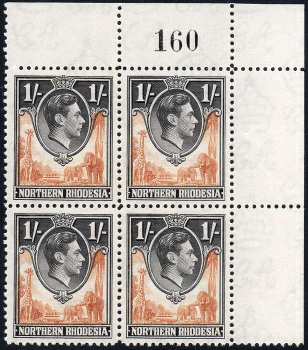Northern Rhodesia 1938-52 SG40(var) 1/- Yellow-brown and Black BO4 with ``shifted vignette``  - *UM*