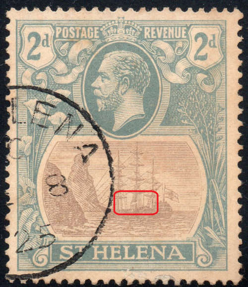 St. Helena 1923 SG100a 2d Grey and Slate with BROKEN MAINMAST - FINE USED - CV £180(2017)