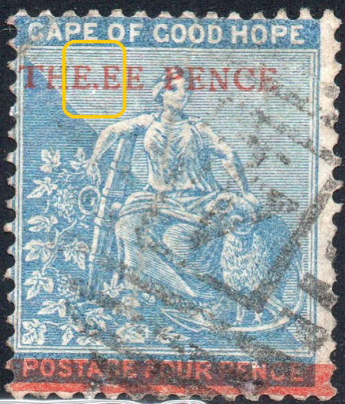 Cape of Good Hope 1879 : SACC29b : 3d on 4d Blue(WM Crown CC) FU `THE.EE` for `THREE` CV R5500