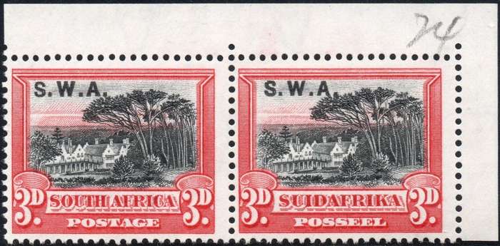 SWA 1927-30 SACC84 : 3d BLACK & RED CORNER MARGINAL PAIR, PERF 14 - UM