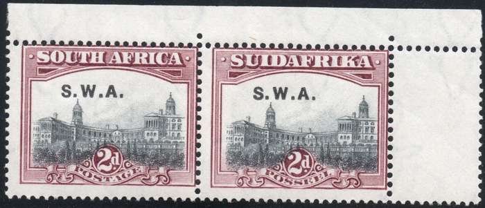 SWA 1927-30 SACC83 : 2d GREY & PURPLE CORNER MARGINAL PAIR, PERF 14 - UM