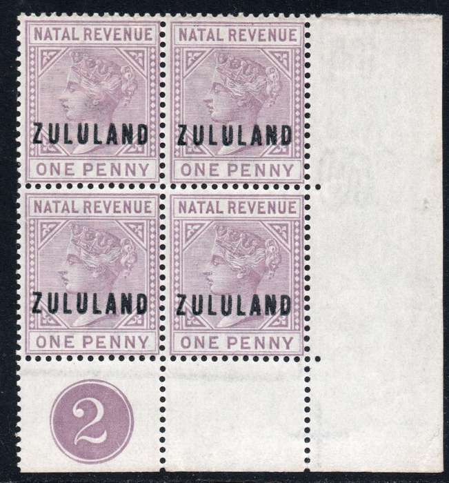 ZULULAND 1891 SACC24 1d MAUVE CORNER CONTROL BLOCK OF FOUR(#1)  UM - SCARCE