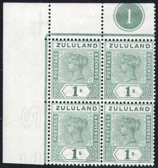 ZULULAND 1894-6 SACC19 1/- GREEN CORNER CONTROL BLOCK OF FOUR(#1)  UM - RARE MULTIPLE