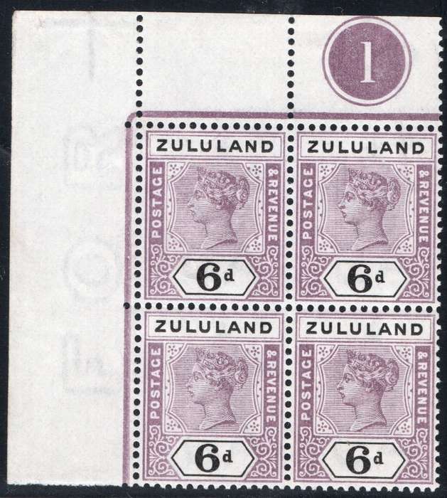 ZULULAND 1894-6 SACC18 6d MAUVE & BLACK CORNER CONTROL BLOCK OF FOUR(#1)  UM - RARE MULTIPLE