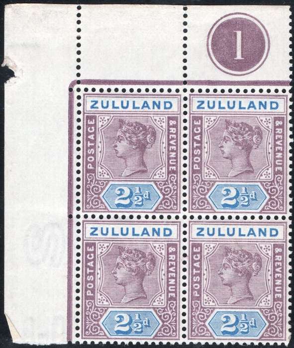 ZULULAND 1894-6 SACC16 2½d MAUVE & ULTRAMARINE  CORNER CONTROL BLOCK OF FOUR(#1)  UM - RARE MULTIPLE