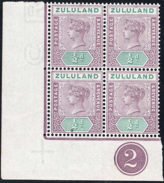 ZULULAND 1894-6 SACC16 ½d MAUVE & GREEN  CORNER CONTROL BLOCK OF FOUR(#1)  UM - RARE MULTIPLE
