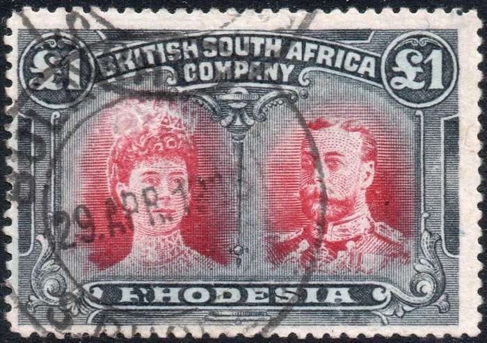 RHODESIA 1910-13 SG179 £1 RED & BLACK - PERF 15 - VFU - CV £3250(2017)