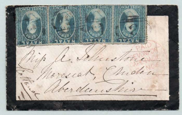 NATAL 1866 MOURNING COVER NATAL TO SCOTLAND TIED WITH 4 X 3d BLUE(SACC11) - RARE