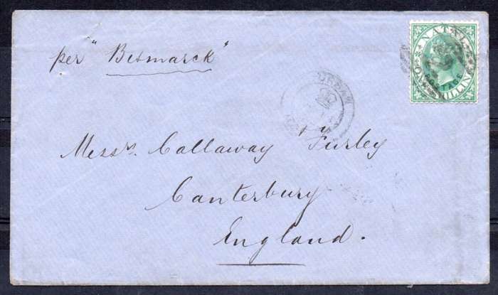 NATAL 1872-3 COVER NATAL TO CANTERBURY ENGLAND TIED WITH 1/- GREEN(O/P IN GREEN)(SACC64)
