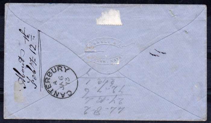 NATAL 1872-3 COVER NATAL TO CANTERBURY ENGLAND TIED WITH 1/- GREEN(O/P IN GREEN)(SACC64)