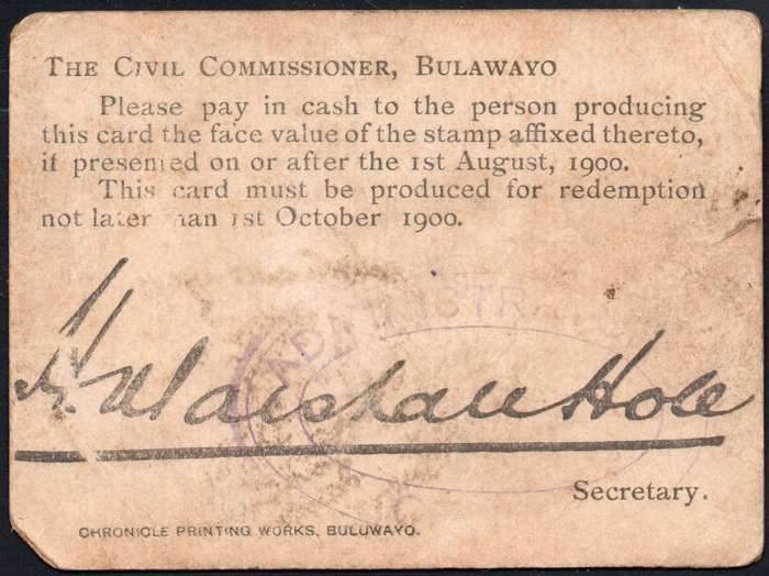 B.S.A.C. / RHODESIA 1900 MARSHALL HOLE CURRENCY CARD WITH 2/- INDIGO & GREEN/BUFF - SEE SCANS