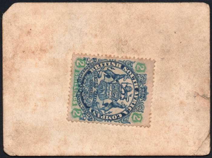 B.S.A.C. / RHODESIA 1900 MARSHALL HOLE CURRENCY CARD WITH 2/- INDIGO & GREEN/BUFF - SEE SCANS