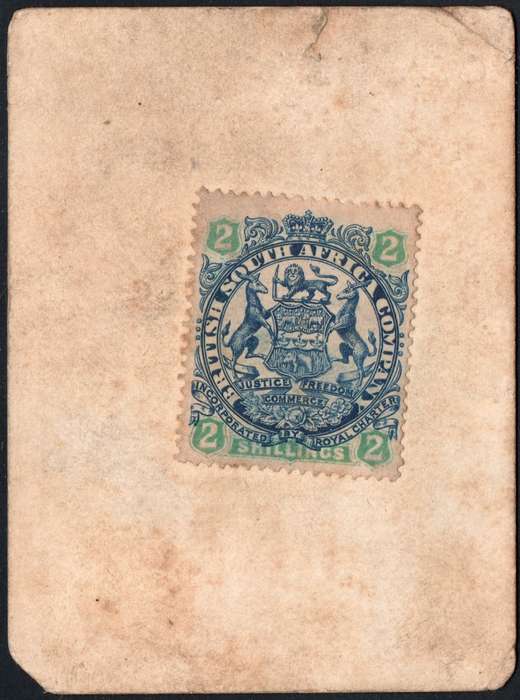 B.S.A.C. / RHODESIA 1900 MARSHALL HOLE CURRENCY CARD WITH 2/- INDIGO & GREEN/BUFF - SEE SCANS