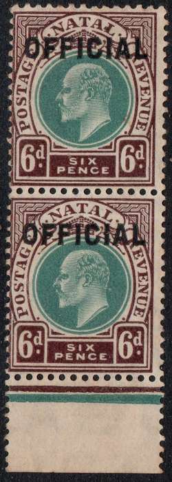 NATAL : 1904 : OFFICIAL STAMPS : SACC5 - 6d GREEN & PURPLE-BROWN  MARIGINAL PAIR - UM CV R8000