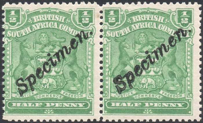 BSAC / Rhodesia : ½d DEEP GREEN ``SPECIMEN`` PAIR  - UM