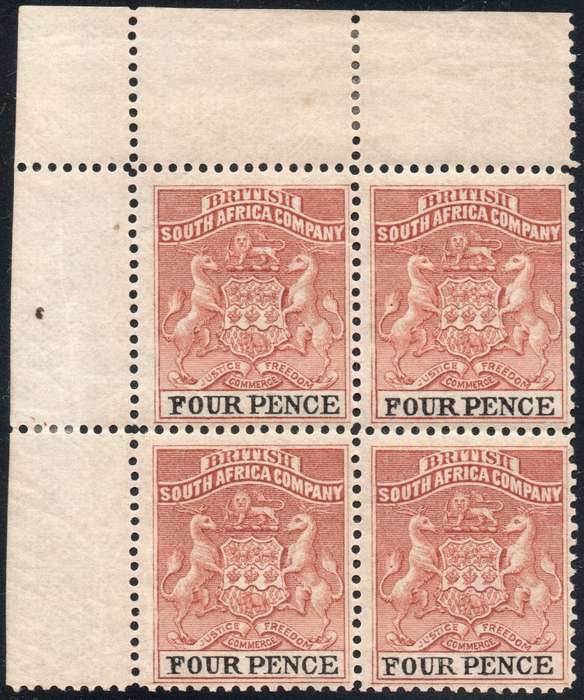 BSAC / RHODESIA 1892-4 SACC22 4d CHESTNUT & BLACK UM/MM - PERF 14½