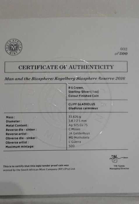 2016 SILVER COLOR R5 - CLIFF GLADIOLUS - COA No. 032