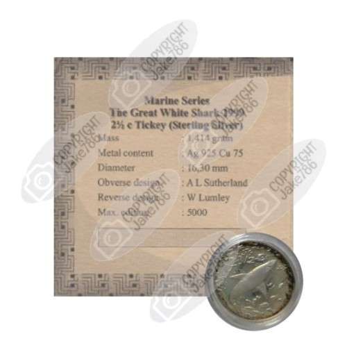 1999 Silver Proof 2½ c (Tickey) - Great White Shark