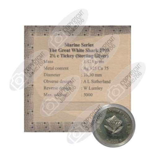 1999 Silver Proof 2½ c (Tickey) - Great White Shark