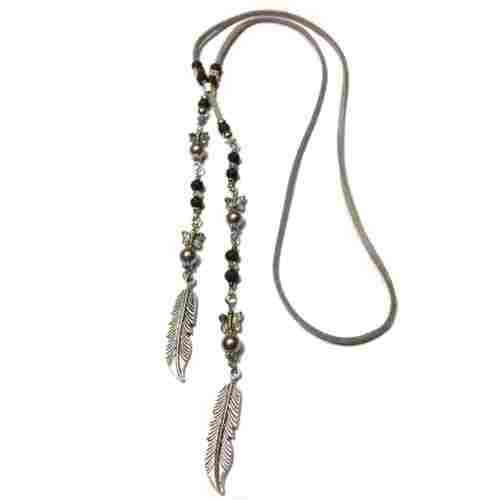 Necklace, European style Necklace long, Nacre pearls, wooden beads and Feather Necklace