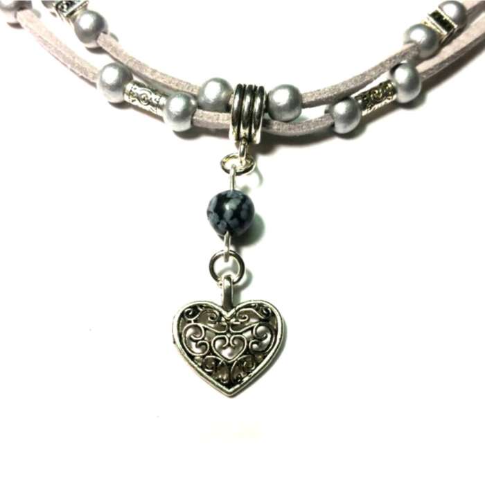 Necklace, European style Necklace, Wooden Necklace with Obsidian