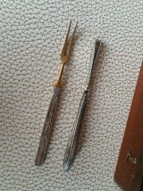 Antique Fork (Metal) and Holder (800 Silver) with wooden Box